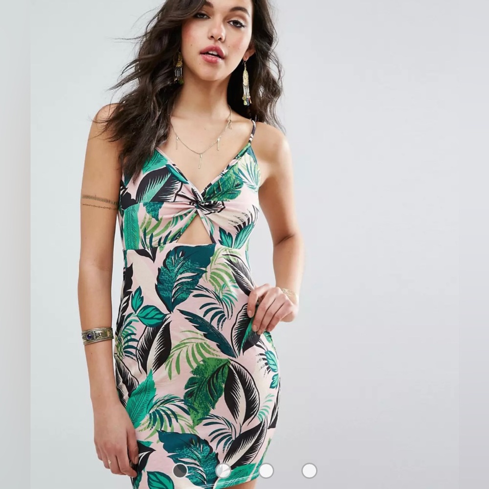 ASOS Mini Sundress With Cut Out Front In Pink Palm Print